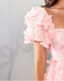 Niulatu Pink Sweetheart Neck A-Line Tulle Applique Short Prom Dresses Sweet Homecoming Dress HZ1031