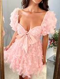 Niulatu Pink Sweetheart Neck A-Line Tulle Applique Short Prom Dresses Sweet Homecoming Dress HZ1031