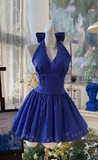 Niulatu Navy Blue Halter A-Line Short Party Dress Sweet 16 Dress with Open Back HZ1031