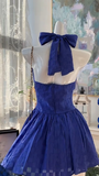 Niulatu Navy Blue Halter A-Line Short Party Dress Sweet 16 Dress with Open Back HZ1031