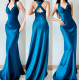 Niulatu Blue Halter Mermaid Evening Gowns Elegant Satin Long Prom Dresses HZ1031