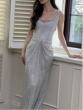 Niulatu Silver Boat Neck Mermaid Glitter Satin Long Prom Dresses Formal Evening Gowns HZ1031