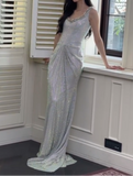 Niulatu Silver Boat Neck Mermaid Glitter Satin Long Prom Dresses Formal Evening Gowns HZ1031