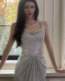 Niulatu Silver Boat Neck Mermaid Glitter Satin Long Prom Dresses Formal Evening Gowns HZ1031