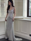 Niulatu Silver Boat Neck Mermaid Glitter Satin Long Prom Dresses Formal Evening Gowns HZ1031