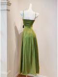 Niulatu Green Spaghetti Straps A-Line Satin Long Prom Dresses Birthday Evening Gowns HZ1031
