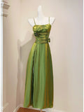 Niulatu Green Spaghetti Straps A-Line Satin Long Prom Dresses Birthday Evening Gowns HZ1031