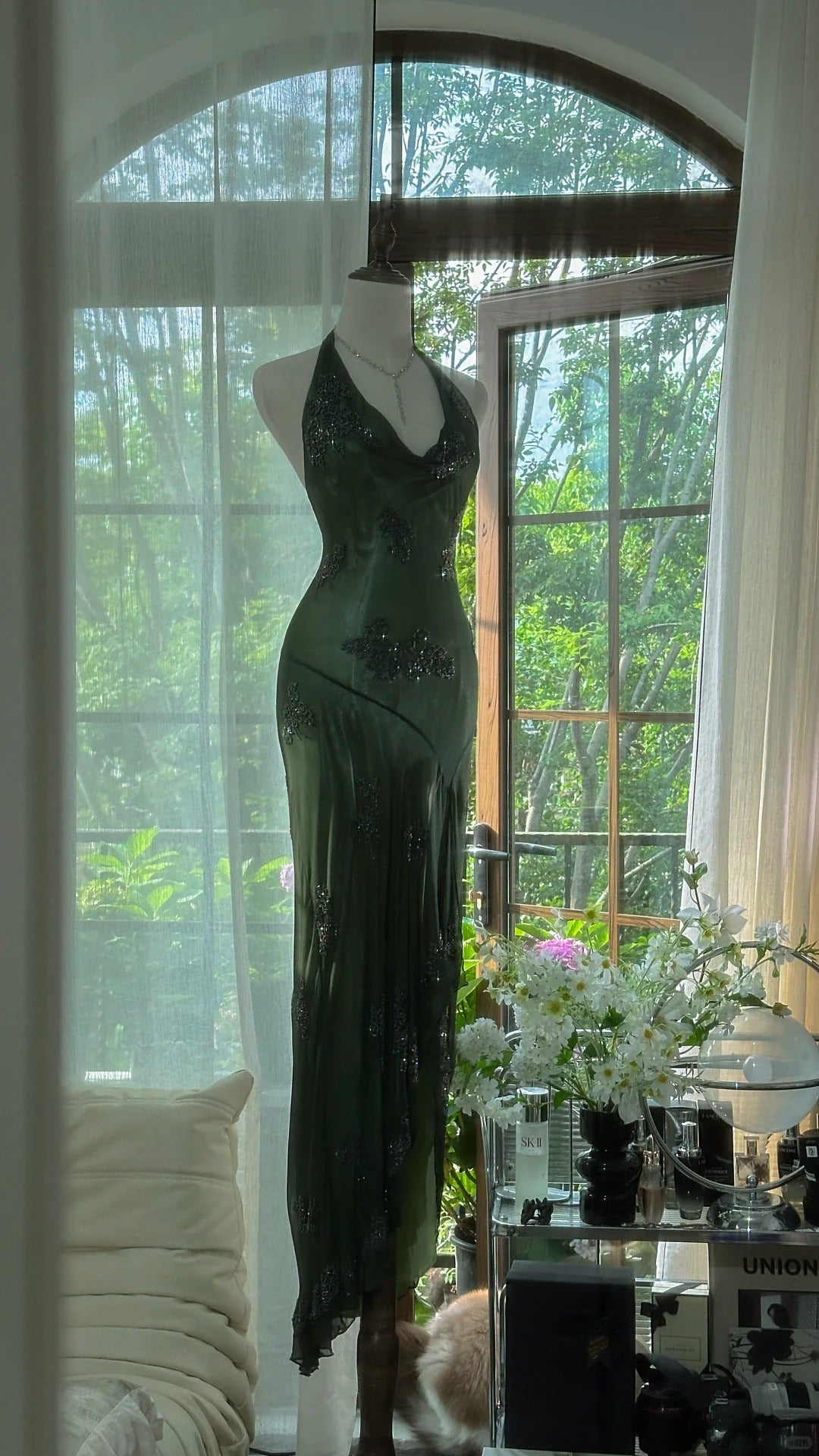 Niulatu Green Halter Sheath Beaded Chiffon Long Prom Dresses Elegant Green Evening Gowns HZ1031