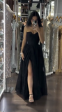 Niulatu Black Strapless A-Line Tulle Long Prom Dresses Formal Evening Gowns HZ1031
