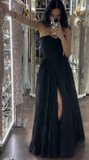 Niulatu Black Strapless A-Line Tulle Long Prom Dresses Formal Evening Gowns HZ1031