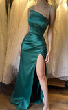 Niulatu Green Spaghetti Straps Sheath Satin Long Prom Dresses Elegant Evening Gowns with Slits HZ1031