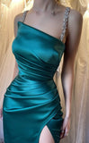 Niulatu Green Spaghetti Straps Sheath Satin Long Prom Dresses Elegant Evening Gowns with Slits HZ1031