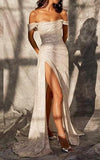 Niulatu Beige Off Shoulder A-Line Sequin Long Prom Dresses Elegant Evening Gowns with Slits HZ1031