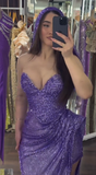 Niulatu Purple Sweetheart Neck Sheath Sequin Long Prom Dresses Elegant Evening Gowns with Slits HZ1031
