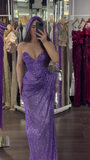 Niulatu Purple Sweetheart Neck Sheath Sequin Long Prom Dresses Elegant Evening Gowns with Slits HZ1031