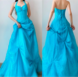 Niulatu Blue Halter Neck A-Line Tulle Long Prom Dresses Sweet 20 Evening Gowns HZ1031