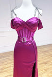 Niulatu Fuchsia Spaghetti Straps Satin Formal Evening Dress with Slits HZ1031