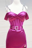 Niulatu Fuchsia Spaghetti Straps Satin Formal Evening Dress with Slits HZ1031