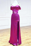 Niulatu Fuchsia Spaghetti Straps Satin Formal Evening Dress with Slits HZ1031