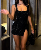 Niulatu Black Sequins Square Neck Sheath Short Evening Gowns Elegant Party Dresses HZ1031