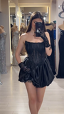 Niulatu Black Strapless A-Line Satin Lace Short Evening Dress Fashion Birthday Party Dress HZ1031