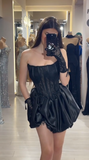 Niulatu Black Strapless A-Line Satin Lace Short Evening Dress Fashion Birthday Party Dress HZ1031