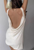 Niulatu White Straps Sheath Sequin Beading Short Evening Dress Backless Party Dress HZ1031