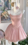 Niulatu Pink Spaghetti Straps A-Line Tulle Satin Short Sweet 16 Dresses Birthday Party Dress HZ1031