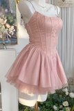 Niulatu Pink Spaghetti Straps A-Line Tulle Satin Short Sweet 16 Dresses Birthday Party Dress HZ1031