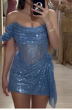 Niulatu Gray Blue Off Shoulder Sheath Short Evening Gowns Glitter Homecoming Dress HZ1031
