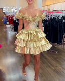 Niulatu Gold Off-the-shoulder A-Line Taffeta Short Prom Dresses Tiered Homecoming Dress HZ1031