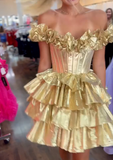 Niulatu Gold Off-the-shoulder A-Line Taffeta Short Prom Dresses Tiered Homecoming Dress HZ1031