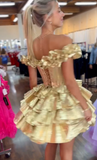 Niulatu Gold Off-the-shoulder A-Line Taffeta Short Prom Dresses Tiered Homecoming Dress HZ1031