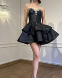 Niulatu Black A-Line Sweetheart Neck Short Party Dress Sweet Birthday Evening Dress with Diamonds HZ1031
