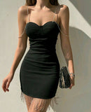 Niulatu Black Sweetheart Neck Bodycon Short Party Dress Chic Evening Dress with Tassels HZ1031