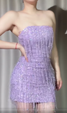 Niulatu Purple Strapless Bodycon Beaded Short Prom Dresses Glitter Homecoming Dress HZ1031