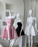 Niulatu Spaghetti Straps Pink A-Line Satin Short Evening Dress with 3D Butterflies HZ1031