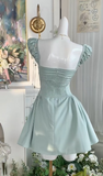 Niulatu Mint Green Square Neck A-Line Satin Pleated Short Birthday Evening Dress Party Dress HZ1031