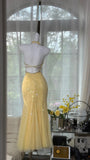 Niulatu Butter Yellow V-neck Mermaid Tulle Beaded Long Prom Dresses Vintage Evening Dress with Open Back HZ1031