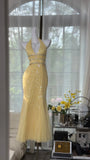 Niulatu Butter Yellow V-neck Mermaid Tulle Beaded Long Prom Dresses Vintage Evening Dress with Open Back HZ1031