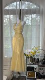 Niulatu Butter Yellow V-neck Mermaid Tulle Beaded Long Prom Dresses Vintage Evening Dress with Open Back HZ1031