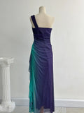 Niulatu Navy Blue One Shoulder Sheath Chiffon Prom Dress Formal Elegant Evening Gowns HZ1031
