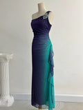 Niulatu Navy Blue One Shoulder Sheath Chiffon Prom Dress Formal Elegant Evening Gowns HZ1031