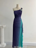 Niulatu Navy Blue One Shoulder Sheath Chiffon Prom Dress Formal Elegant Evening Gowns HZ1031
