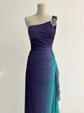Niulatu Navy Blue One Shoulder Sheath Chiffon Prom Dress Formal Elegant Evening Gowns HZ1031