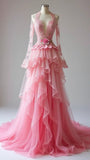 Niulatu Pink V-Neck A-Line Long Sleeve Layered Tulle Long Wedding Dress HZ1031