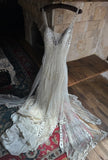 Niulatu White V-neck A-Line Tulle Beaded Long Prom Dresses Beautiful Trailing Wedding Dress with Sequins HZ1031