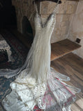 Niulatu White V-neck A-Line Tulle Beaded Long Prom Dresses Beautiful Trailing Wedding Dress with Sequins HZ1031