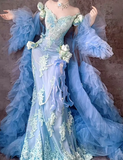 Niulatu Blue Off Shoulder Mermaid Long Prom Dresses Elegant Tulle Evening Gowns with Appliques HZ1031