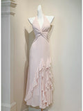 Niulatu Pink V-neck Sheath Chiffon Prom Dresses Elegant Birthday Evening Gowns with Ruffles HZ1031
